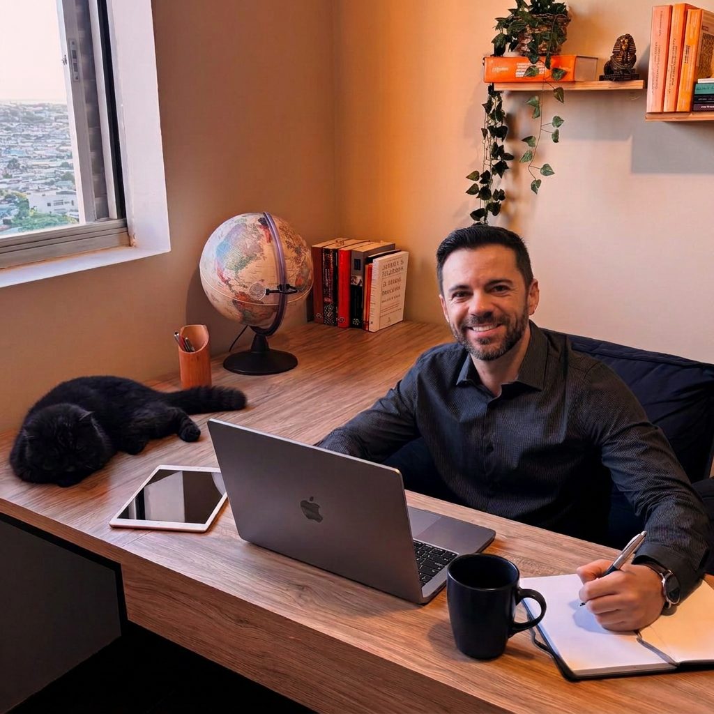 Felix Benito, design lead, working at his home-office desk with a laptop, tablet, globe, books and his cat